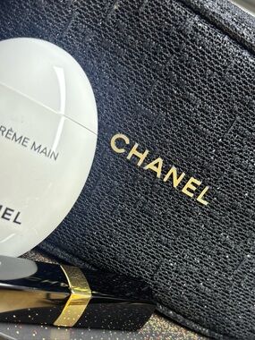 CHANEL Black & Gold Textured Cosmetic Pouch w/ Hand Cream & Rouge Coco Baume